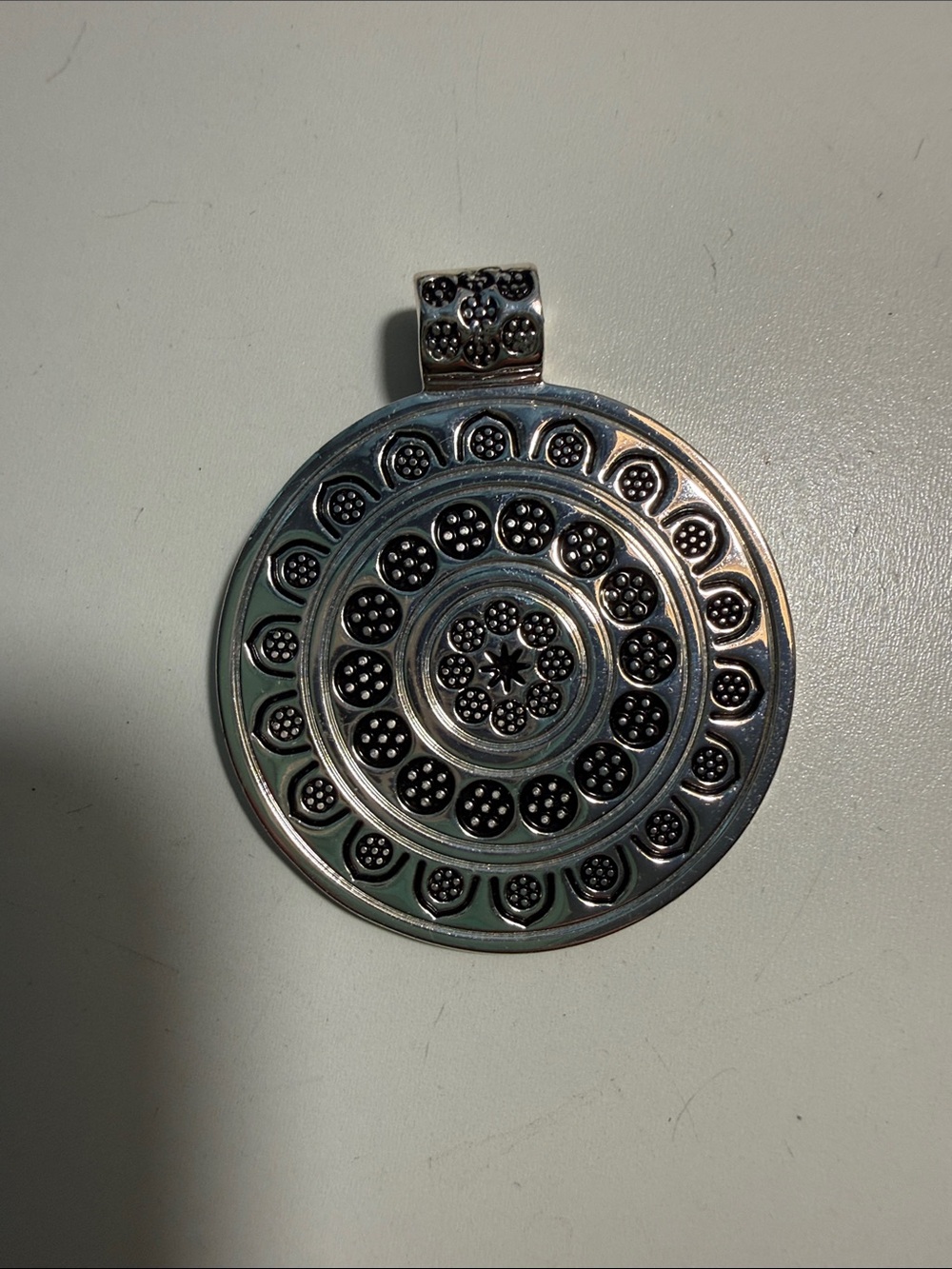 Ornate Circular Medallion Pendant Necklace - Silver Tone